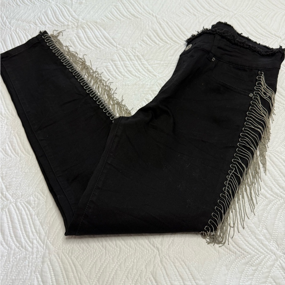 Q2 Premium Denim Black Sliver Fringe Stretch Denim Jeans. Size L